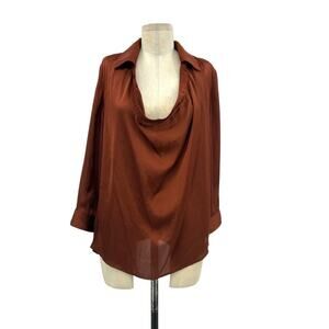 Vince‎ Top Cowl Neck Collared Satin 3/4 Sleeves Rustic Brown Blouse Size 10